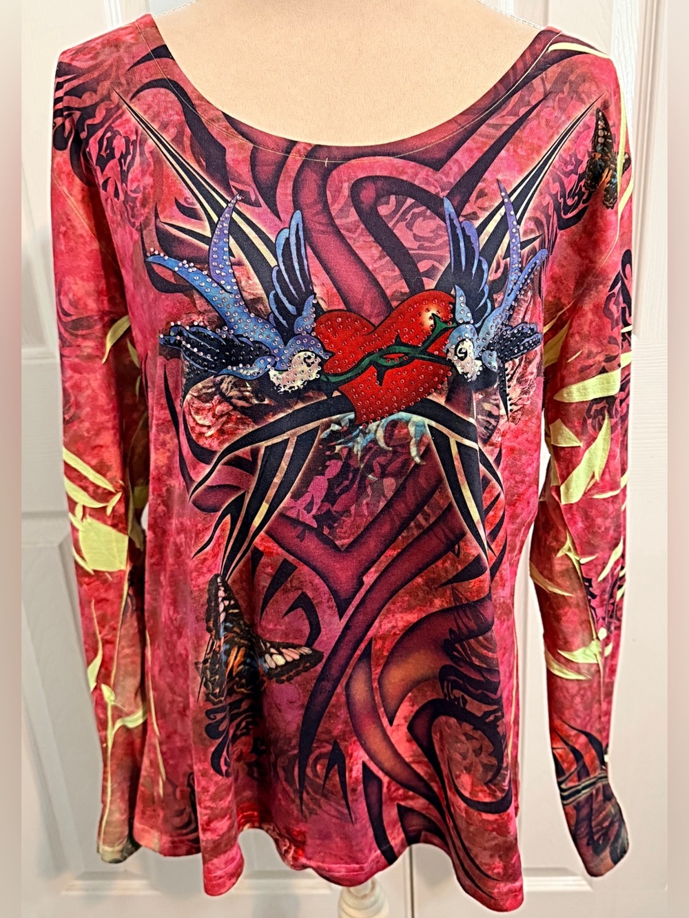Takoni, Red Graphic Print, Long-Sleeve Top with Rhinestones, Heart and Bird